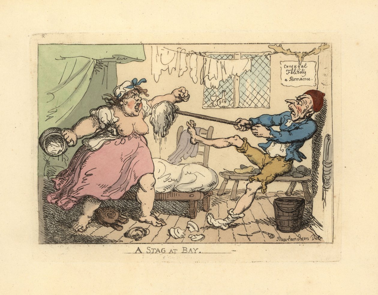 Mand holder sin vrede kone fra sig med moppe. af Thomas Rowlandson