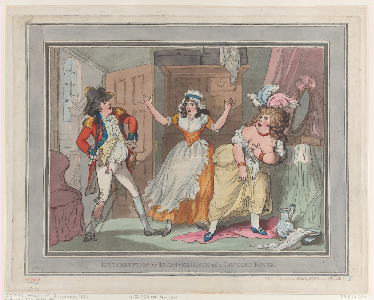 Afbrydelse eller besvær ved et logihus, [Apri..., [1. april 1789], genudgivet 1. april 1824. af Thomas Rowlandson