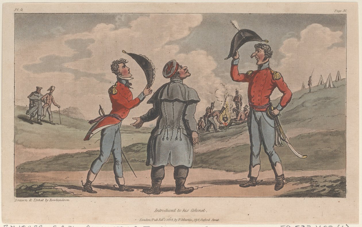 Introduceret til sin oberst, fra The Military Adventures of Johnny Newcome, 1815., 1815. af Thomas Rowlandson
