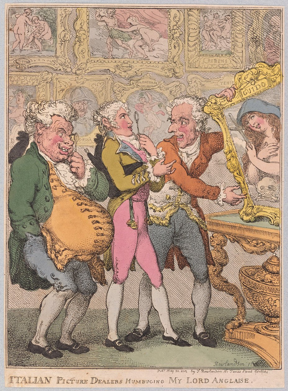 Italienske billedhandlere Humbuging My Lord Anglaise, pub. 1812 (håndfarvet gravering) af Thomas Rowlandson