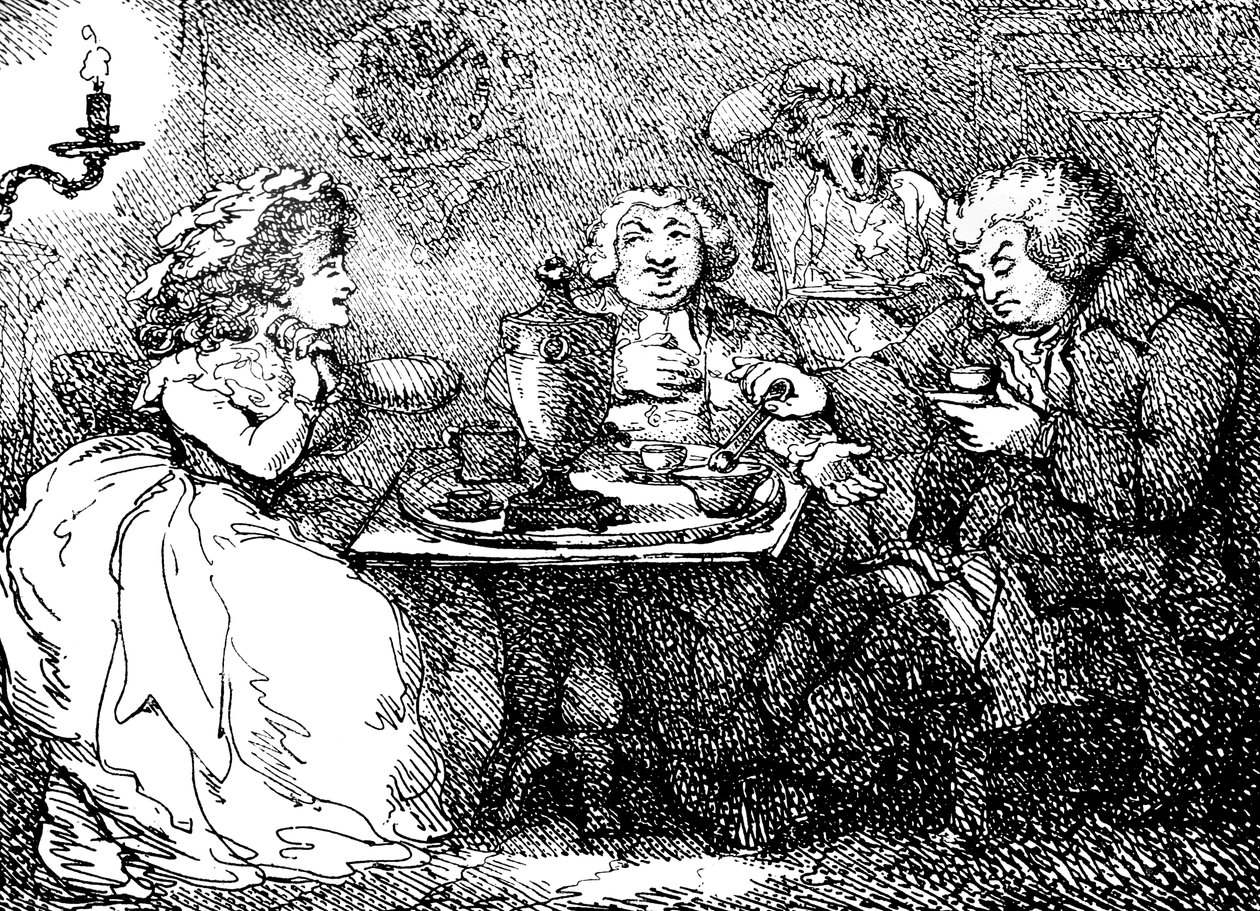 James Boswell, hans kone, og Dr. Johnson til te i Edinburgh, 1773, 1786 af Thomas Rowlandson