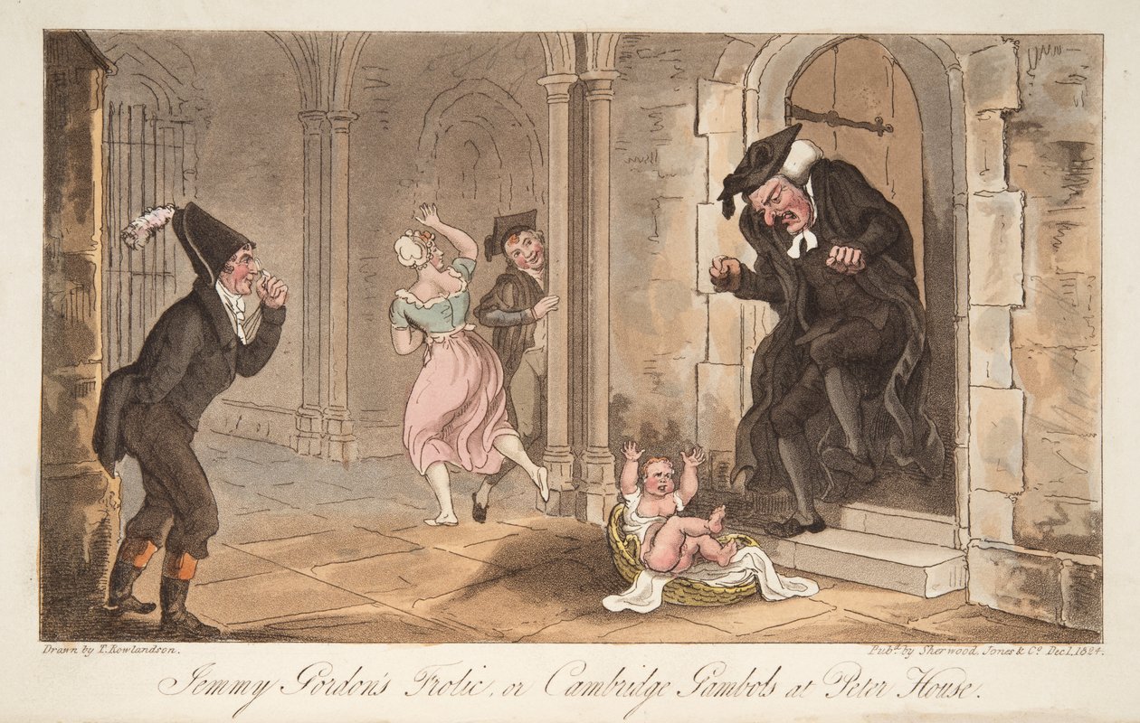 Jemmy Gordons Frolic, eller Cambridge Gambols på Peter House, fra The English Spy, pub. 1824 (håndfarvet gravering) af Thomas Rowlandson