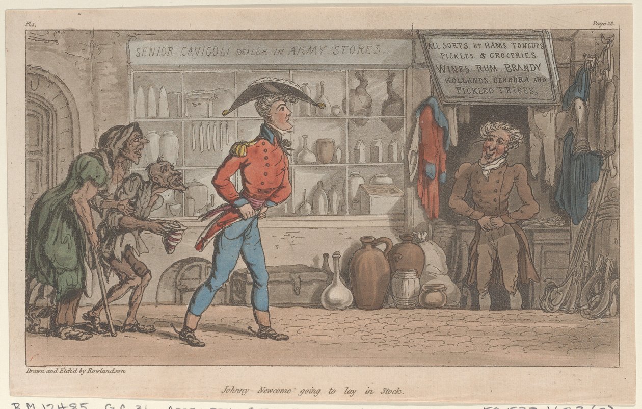 Johnny Newcome kommer til at ligge på lager, fra The Military Adventures of Johnny Newcome, 1815., 1815. af Thomas Rowlandson