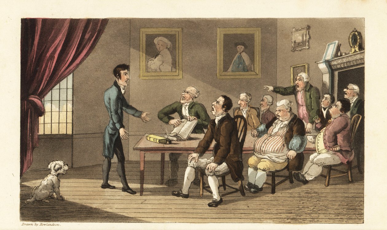 Johnny og hans kreditorer. De stakkels herrer står over for et rum fyldt med handlende og butiksejere, der kræver tilbagebetaling af hans gæld. Håndfarvet kobberstik af Thomas Rowlandson fra William Combes The History of Johnny Quae Genus, the Little Found af Thomas Rowlandson