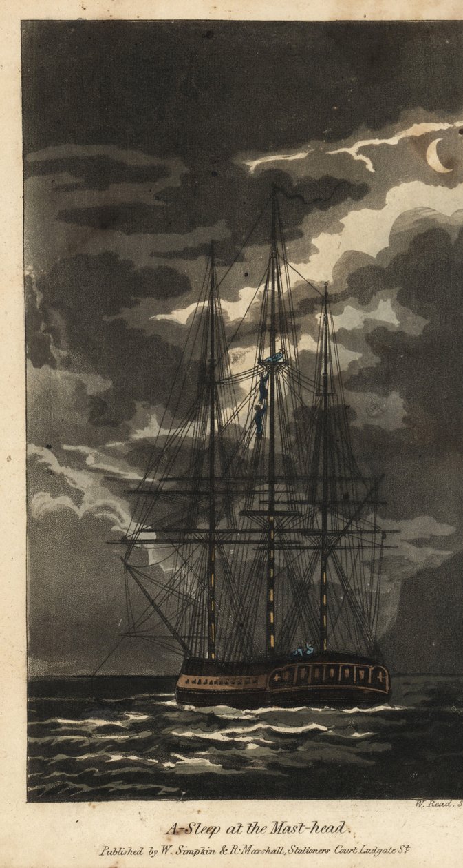 Johnny sover ved mastehovedet. To sømænd klatrer op på riggen for at vække ham. Håndfarvet kobberstik af W. Læst efter en illustration af Thomas Rowlandson fra Alfred Burtons The Adventures of Johnny Newcombe in the Navy, Simpkin, London af Thomas Rowlandson