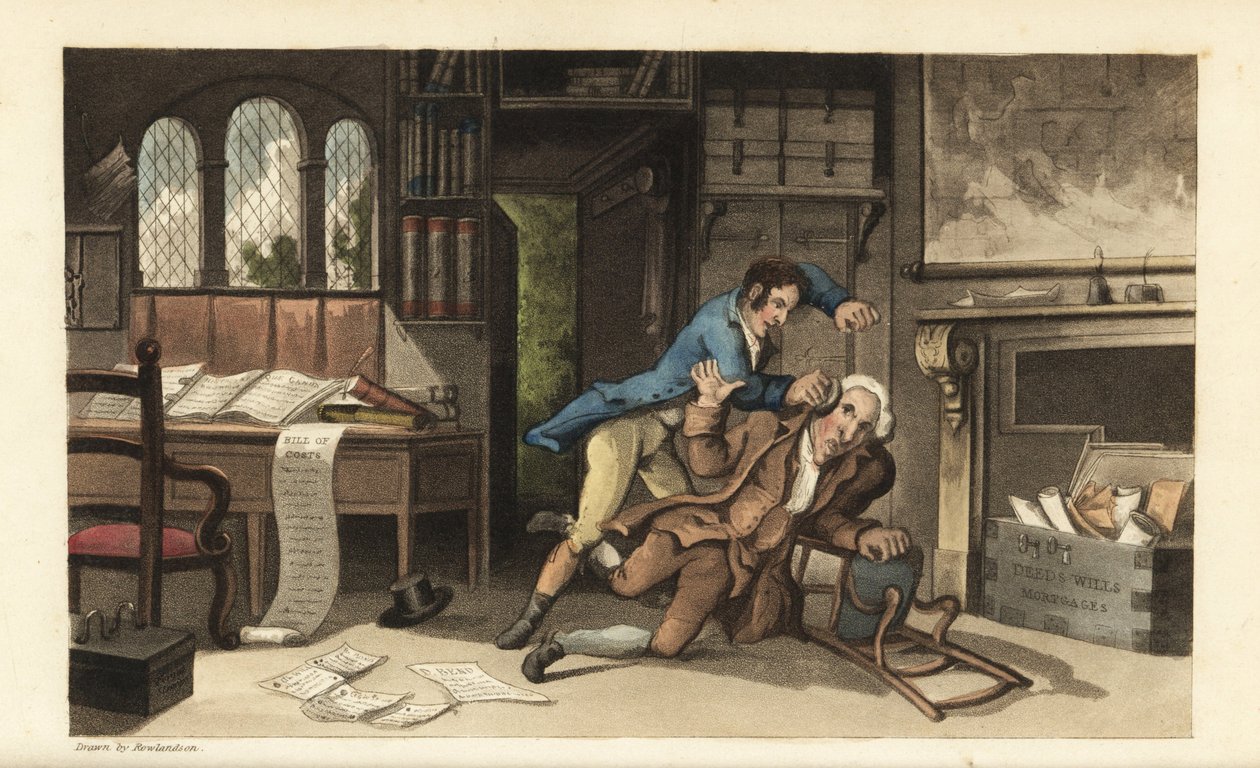 Johnny overfalder Advokat Gripe-all på sit kontor efter at være blevet snydt for 100 pund. Håndfarvet kobberstik af Thomas Rowlandson fra William Combes The History of Johnny Quae Genus, the Little Foundling of the late Doctor Syntax. af Thomas Rowlandson