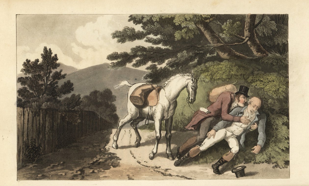 Johnny hjælper en rejsende, der er blevet smidt fra sin hest. Håndfarvet kobberstik af Thomas Rowlandson fra William Combes The History of Johnny Quae Genus, the Little Foundling of the late Doctor Syntax. af Thomas Rowlandson