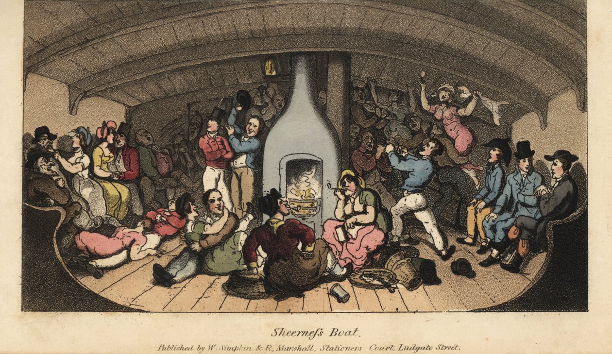 Johnny karuserer med sømænd, slopmænd, crimper, mudderkarkere, bawds og alfonser i en kahyt på Sheerness Boat. Håndfarvet kobberstik af W. Læst efter en illustration af Thomas Rowlandson fra Alfred Burtons The Adventures of Johnny Newcombe i af Thomas Rowlandson