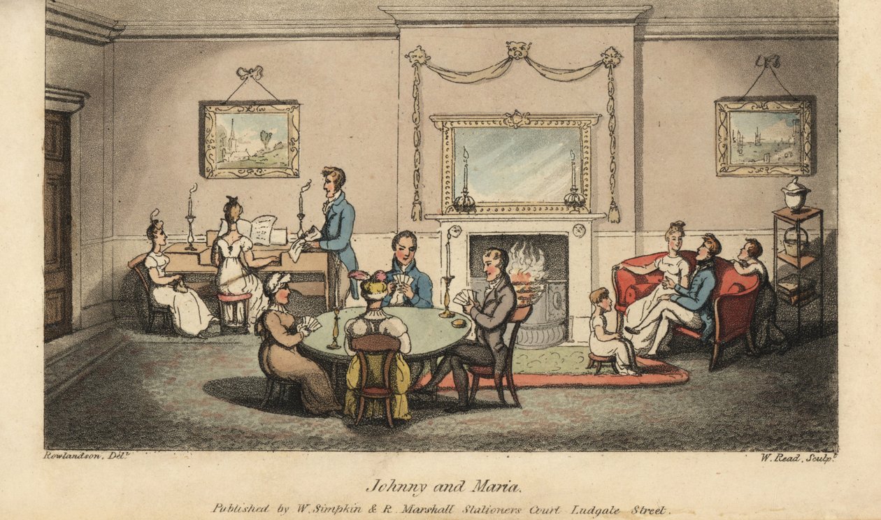Johnny frier til Maria i en stue, mens andre spiller kort og synger sange foran ildstedet. Håndfarvet kobberstik af W. Læst efter en illustration af Thomas Rowlandson fra Alfred Burtons The Adventures of Johnny Newcombe in the Navy, Si af Thomas Rowlandson