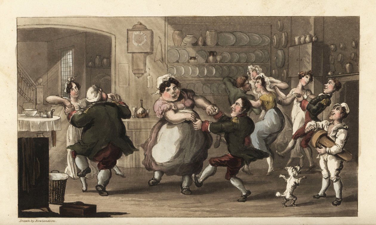 Johnny danser til en hemmelig fest med andre tjenere i køkkenet. Kok, kusk, stuepige og kappemand nyder mesterens mad og vin. Håndfarvet kobberstik af Thomas Rowlandson fra William Combes The History of Johnny Quae Genus, the Li af Thomas Rowlandson