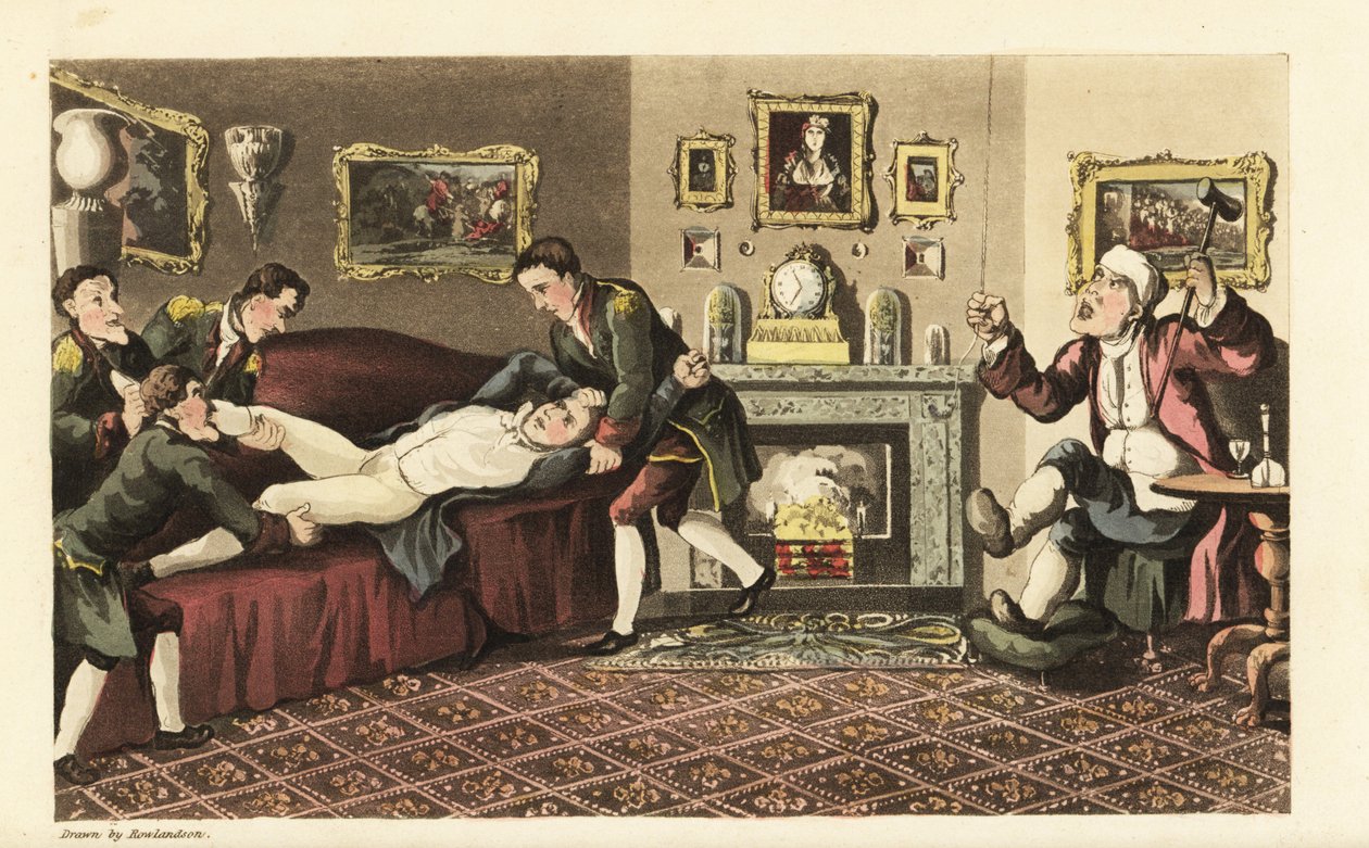 Johnny fuld på sofaen i Sir David Dangles hus, smidt ud af de livlige fodgængere. Håndfarvet kobberstik af Thomas Rowlandson fra William Combes The History of Johnny Quae Genus, the Little Foundling of the late Doctor Syntax. af Thomas Rowlandson