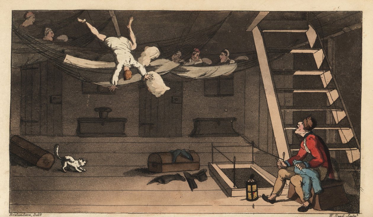 Johnny falder ud af sin hængekøje i sin kahyt. Håndfarvet kobberstik af W. Læst efter en illustration af Thomas Rowlandson fra Alfred Burtons The Adventures of Johnny Newcombe in the Navy, Simpkin, London af Thomas Rowlandson