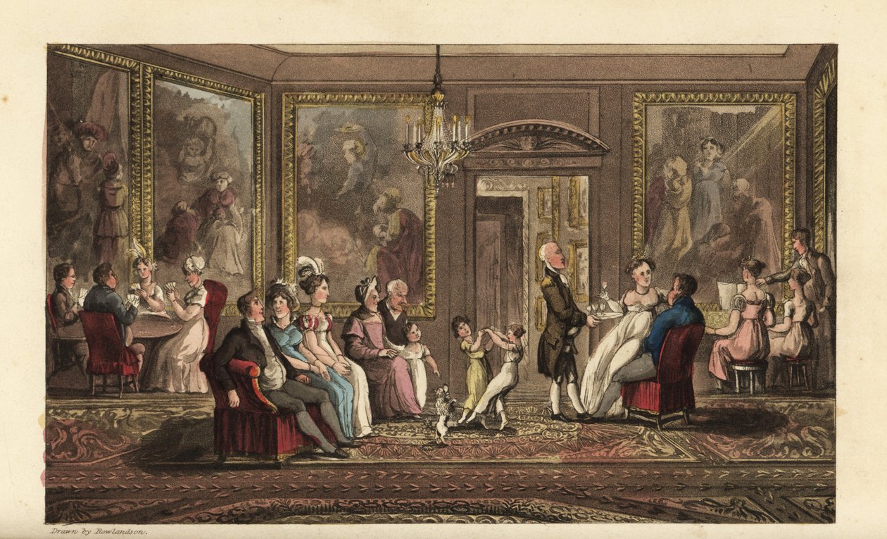 Johnny holder en stor fest. Socialt arrangement i et stort palæ, hvor gæster spiller kort, synger sange, snakker, danser og socialiserer. Håndfarvet kobberstik af Thomas Rowlandson fra William Combes The History of Johnny Quae Genus, the Littl af Thomas Rowlandson