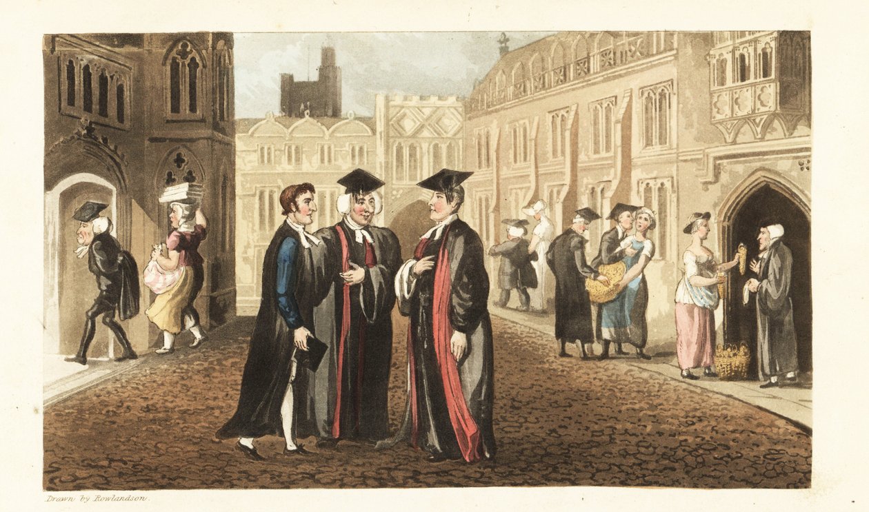 Johnny i rober taler med Dons på Oxford University, mens andre lærde og studerende køber majs fra købmænd og molesterer tjenestepiger. Håndfarvet kobberstik af Thomas Rowlandson fra William Combes The History of Johnny Quae Genus, the Little Foun af Thomas Rowlandson
