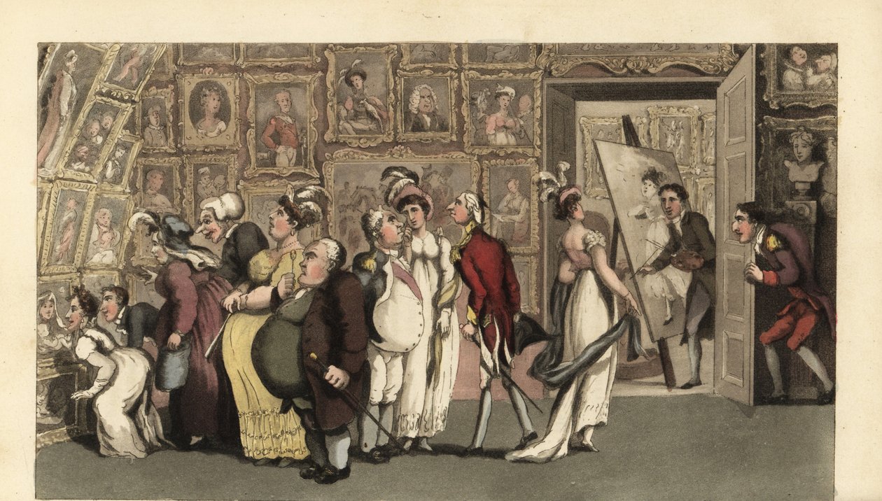 Johnny i tjeneste for portrætmaleren Carmine på hans galleri. Når han er alene, skænker Johnny portrætterne med kridt og skaber furore. Håndfarvet kobberstik af Thomas Rowlandson fra William Combes The History of Johnny Quae Genus, the Li af Thomas Rowlandson