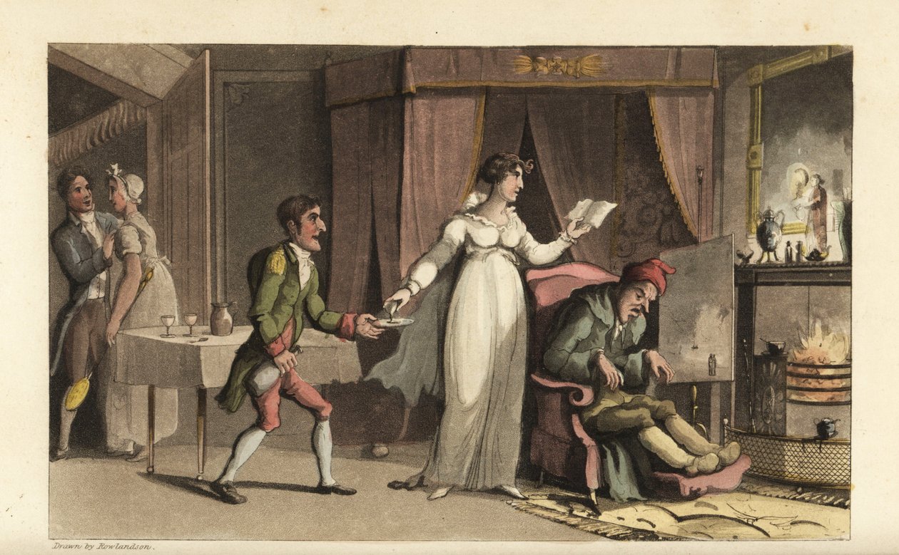 Johnny i tjeneste for gnieren John Squeeze og hans forsigtige niece Amelia Squeeze. Johnny medbringer et glas medicin til den døende gamle mand. Håndfarvet kobberstik af Thomas Rowlandson fra William Combes The History of Johnny Quae Genus, th af Thomas Rowlandson