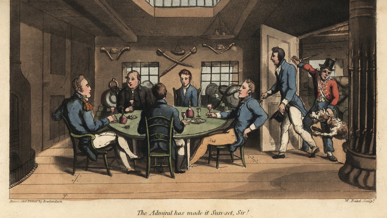 Johnny slutter sig til kaptajnen i hans kahyt til drinks med de andre betjente. Admiralen har gjort det til solnedgang, sir! Håndfarvet kobberstik af W. Læst efter en illustration af Thomas Rowlandson fra Alfred Burtons The Adventures of Johnny Newcombe i af Thomas Rowlandson