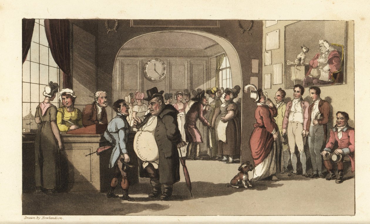 Johnny søger arbejde på et registreringskontor for hushjælp. Mænd og kvinder med monokler undersøger portører, stuepiger og andet personale. Håndfarvet kobberstik af Thomas Rowlandson fra William Combes The History of Johnny Quae Genus, the Lit af Thomas Rowlandson