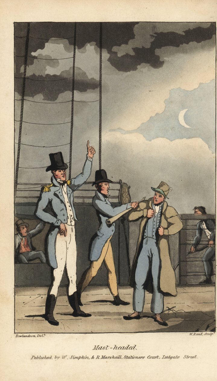 Johnny ledet af kaptajnen. Beordret til at klatre til toppen af masten for at miste en sømand på landferie. Håndfarvet kobberstik af W. Læst efter en illustration af Thomas Rowlandson fra Alfred Burtons The Adventures of Johnny Newcombe i af Thomas Rowlandson