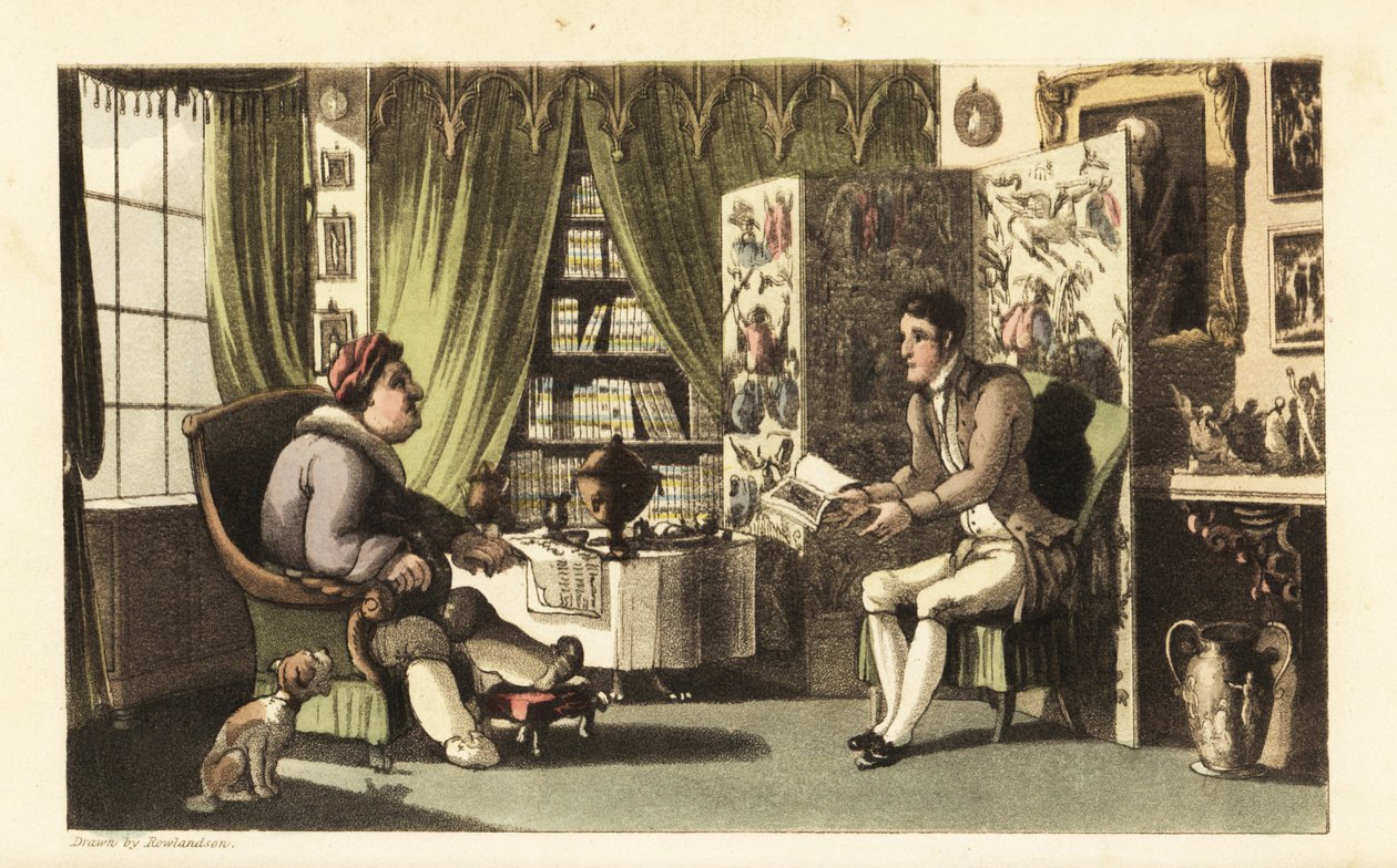 Johnny læser for Sir Jeffery Gourmand i sit arbejdsværelse. Håndfarvet kobberstik af Thomas Rowlandson fra William Combes The History of Johnny Quae Genus, the Little Foundling of the late Doctor Syntax. af Thomas Rowlandson