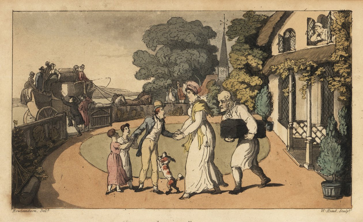 Johnny siger farvel til sin mor og søstre, da han tager til Royal Navy på en diligence. Håndfarvet kobberstik af W. Læst efter en illustration af Thomas Rowlandson fra Alfred Burtons The Adventures of Johnny Newcombe in the Navy, Si af Thomas Rowlandson