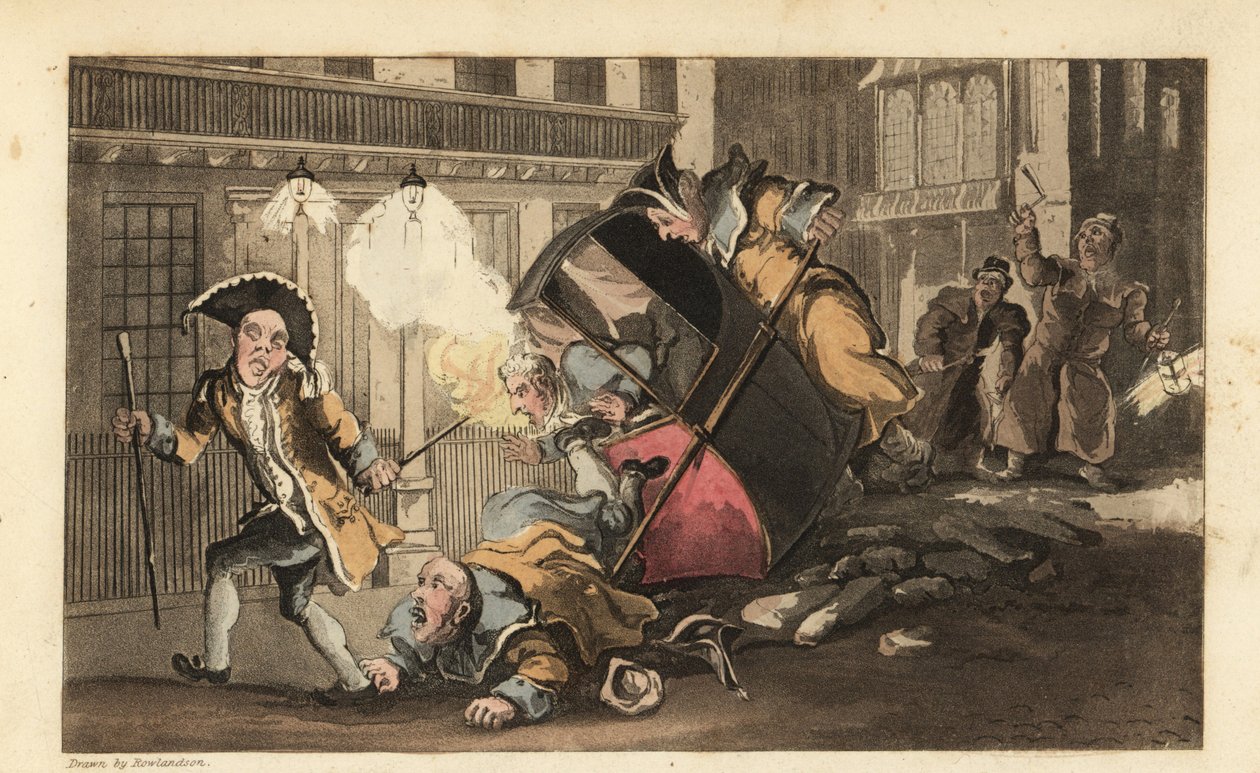 Johnny smidt ud af en sedanstol, da portørerne styrter over en bunke sten på gaden. Nattevagter med lanterner og rangler ankommer. Håndfarvet kobberstik af Thomas Rowlandson fra William Combes The History of Johnny Quae Genus, af Thomas Rowlandson