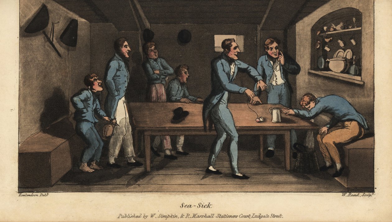 Johnny kaster op i en spand i kahytten, mens hans skib sætter sejl. En anden betjent foreslår et middel med saltvand og et stykke saltflæsk på en snor. Håndfarvet kobberstik af W. Læst efter en illustration af Thomas Rowlandson fra Alfred Burto af Thomas Rowlandson
