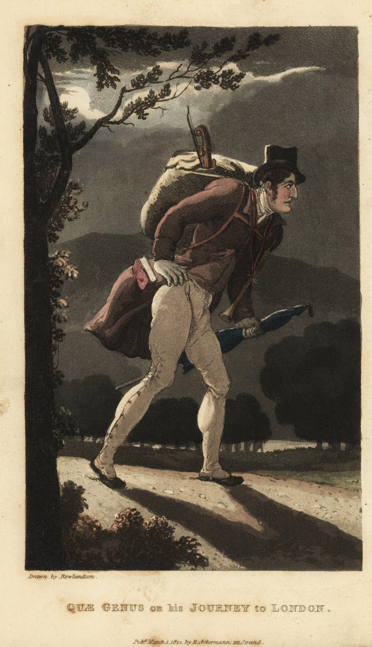 Johnny går på den måneskinne vej til London. Han har en rygsæk med violin, en bog i frakkelommen og har en paraply. Håndfarvet kobberstik af Thomas Rowlandson fra William Combes The History of Johnny Quae Genus, the Little Found af Thomas Rowlandson