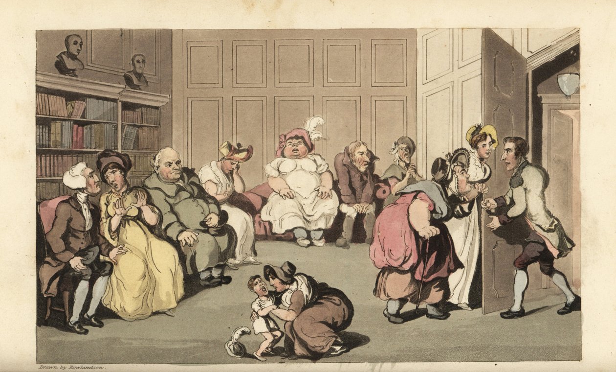 Johnny med andre patienter i kvaksalverdoktor Anodynes venteværelse. Håndfarvet kobberstik af Thomas Rowlandson fra William Combes The History of Johnny Quae Genus, the Little Foundling of the late Doctor Syntax. af Thomas Rowlandson