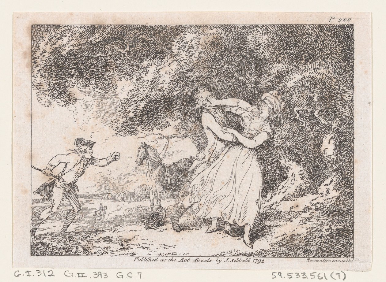Joseph skynder sig at redde Fanny fra overhængende fare, fra The Adventures of Joseph Andrew..., 1792. af Thomas Rowlandson