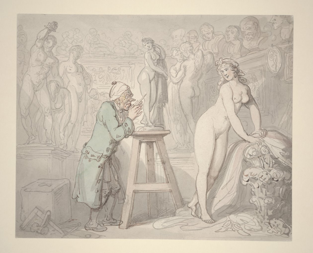 Joseph Nollekens i sit atelier, ca. 1810 (blyant, blæk og akvarel på papir) af Thomas Rowlandson