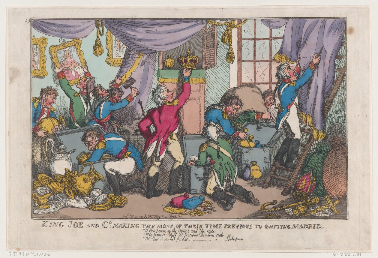 King Joe og Co. Fik det meste ud af deres tid, før de forlod Madrid, ..., 25. september 1808. af Thomas Rowlandson