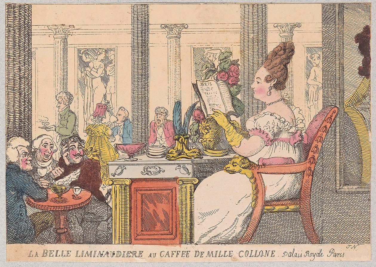 La Belle Liminaudiere på Café de Mille Colonne, Palais Royal, Paris, pub. 1814 (håndfarvet gravering) af Thomas Rowlandson