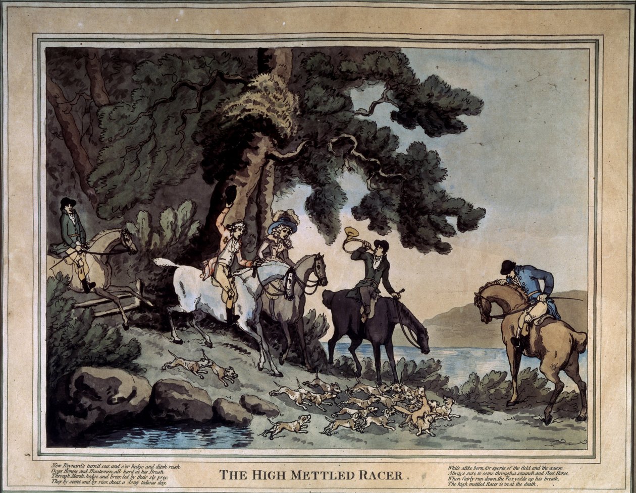 Højkurermødet (Den højmodige racer). Tegning af Thomas Rowlandson (1756-1827). Radering og akvarel af Thomas Rowlandson