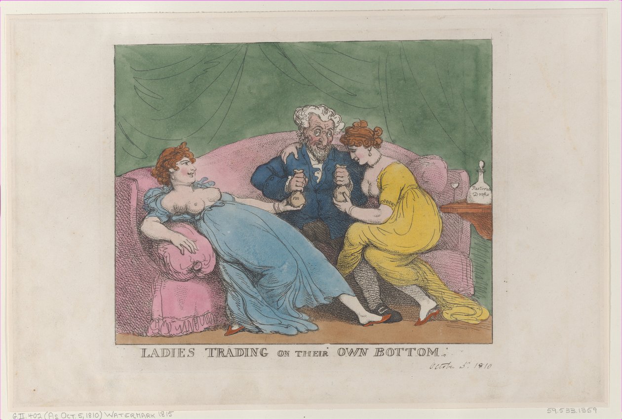 Damer, der handler på deres egen bund, [5. oktober 1810], genoptryk., [5. oktober 1810], genoptryk. af Thomas Rowlandson