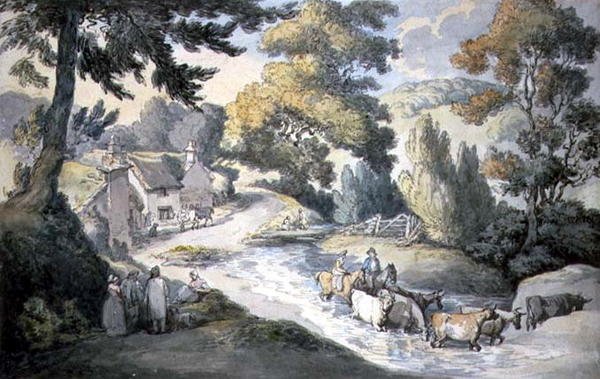 Landskab med kvæg, der springer en strøm af Thomas Rowlandson