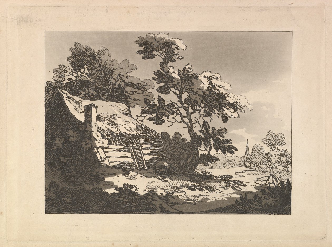 Landskab med en hytte blandt træerne til venstre og et kirkespir i det fjerne til højre af Thomas Rowlandson