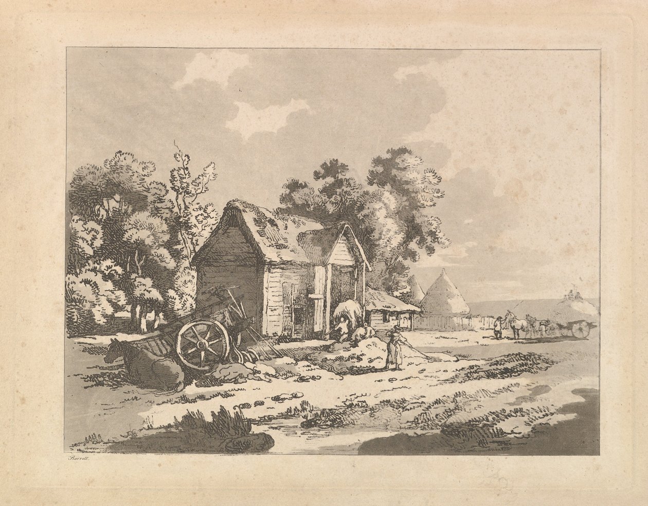 Landskab med figurer, der opbevarer hø i en lade, en vogn og hest liggende til venstre, 1783-84. af Thomas Rowlandson
