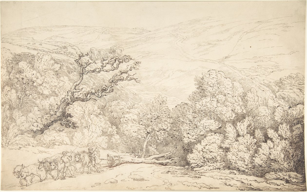 Landskab med okser og et fældet træ af Thomas Rowlandson