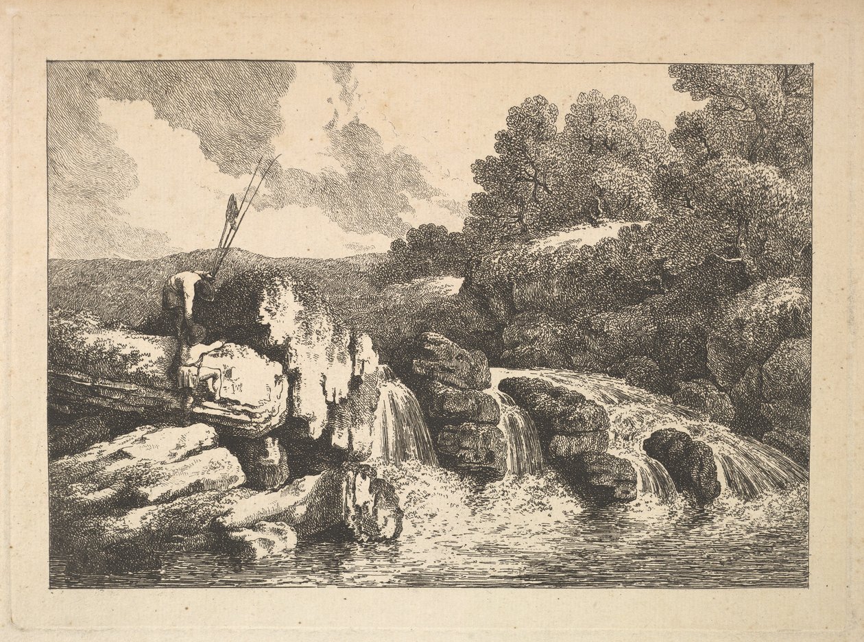 Landskab med to fiskere, der klatrer på klipper ved siden af et vandfald, 1784-88. af Thomas Rowlandson