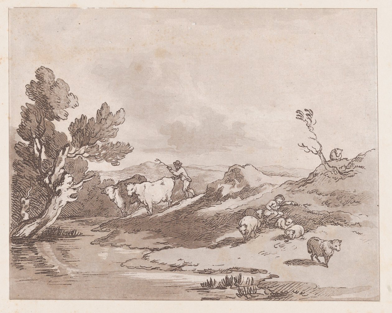 Landskab med en Skikkelse, der vogter Kvæg til Vand, 21. Maj 1789., 21. Maj 1789. af Thomas Rowlandson