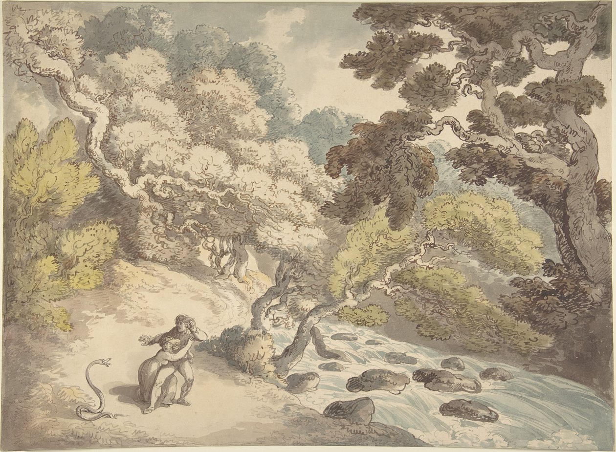 Landskab med en brusende bæk og et par på bredden, der er blevet forskrækket af en slange af Thomas Rowlandson