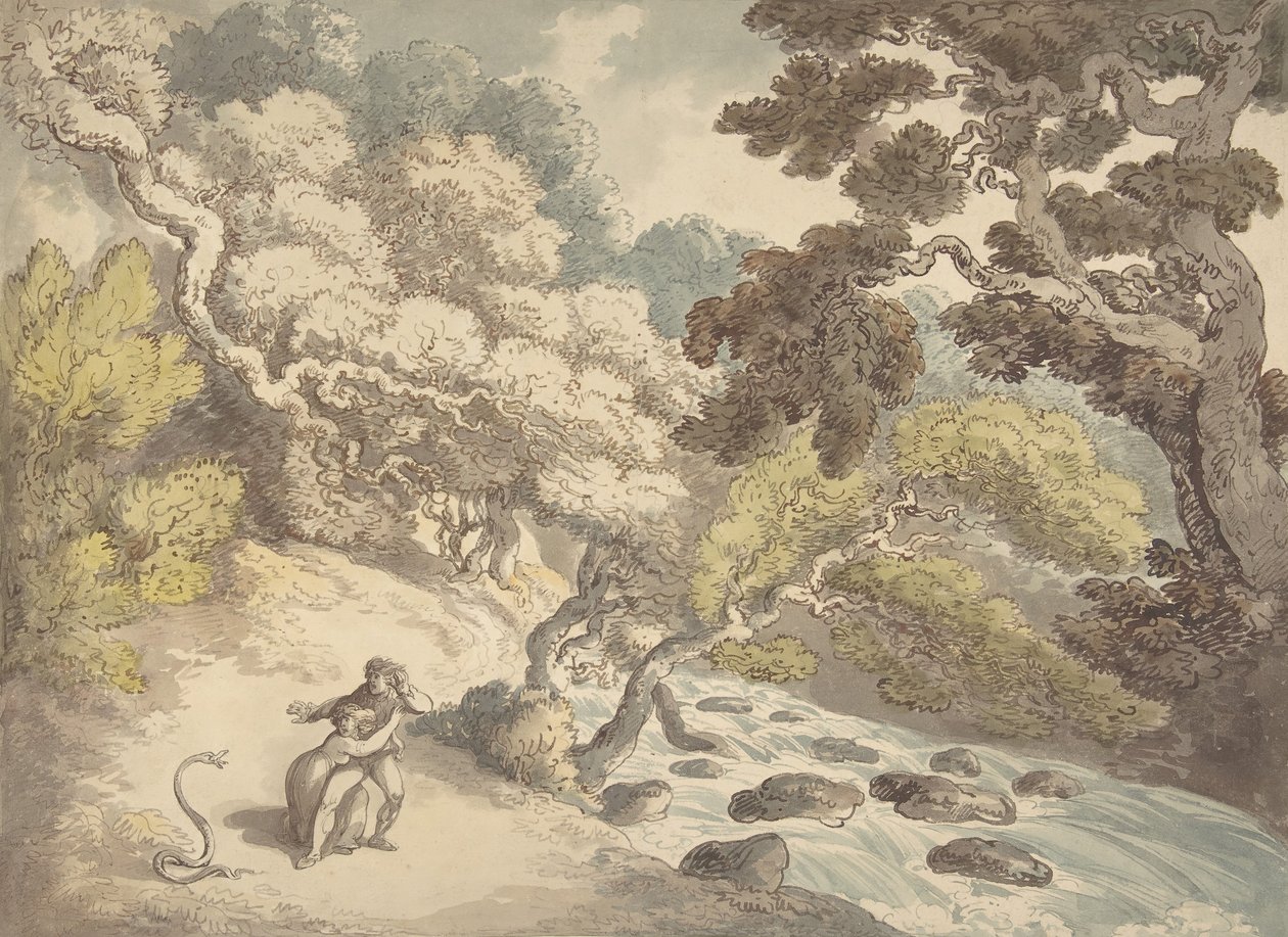 Landskab med brusende å og et par på bredden, skræmt af en slange, 1775-1827. af Thomas Rowlandson