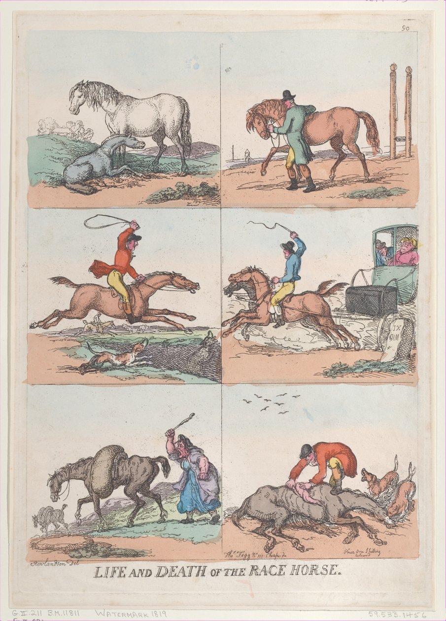 Racehestens liv og død, [25. september 1811], genoptryk., [25. september 1811], genoptryk. af Thomas Rowlandson