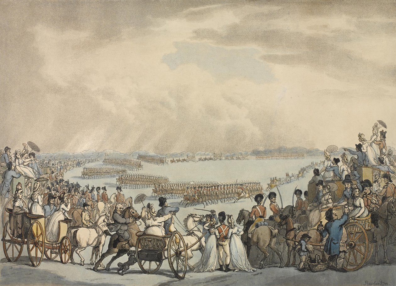 Light Horse Volunteers of London and Westminster, kommanderet af oberst Herries, anmeldt af Hans Majestæt på Wimbledon Common, 5. juli 1798 (farvet akvatint) af Thomas Rowlandson