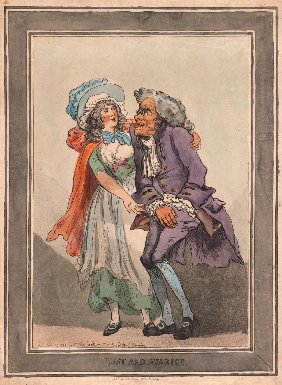 Lyst og grådighed, pub. 1788 (håndfarvet gravering) af Thomas Rowlandson