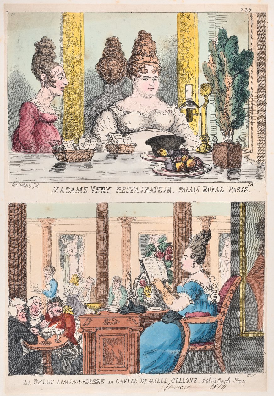 Madame Very Restauranteur, Palais Royal Paris og La Belle Liminaudiere på Caffee De Mille..., 1814. af Thomas Rowlandson