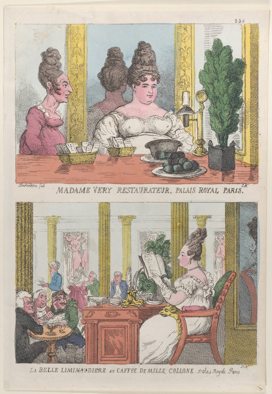 Madame Very Restauranteur, Palais Royal Paris og La Belle Liminaudiere på Caffee De Mille..., 1814. af Thomas Rowlandson