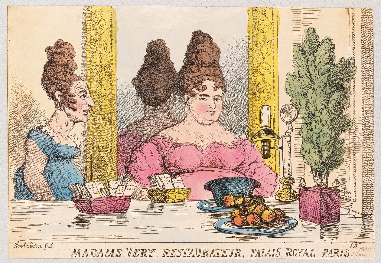 Madame Very, Restauratør, Palais Royal, Paris, pub. 1814 (håndfarvet gravering) af Thomas Rowlandson