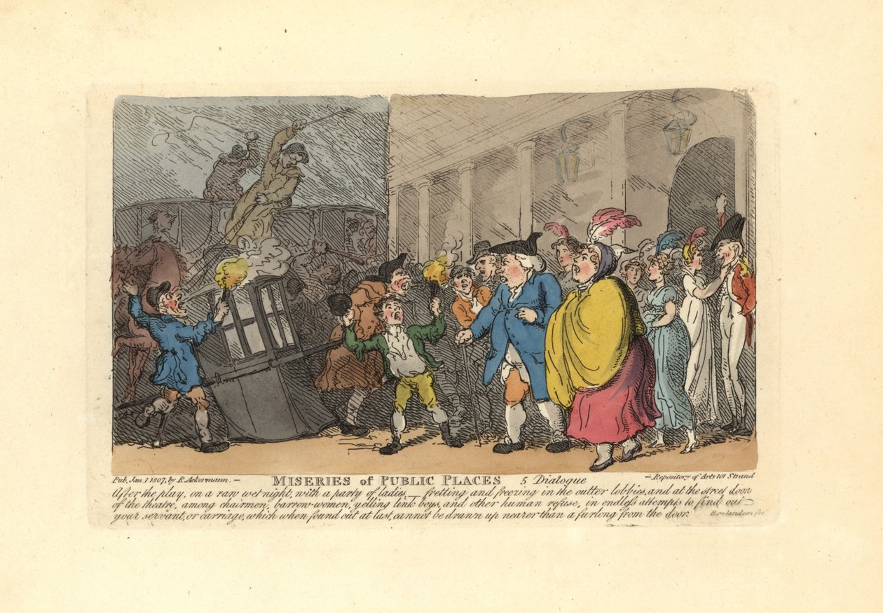 Mand og damer søger efter en vogn i en menneskemængde i regnen. af Thomas Rowlandson